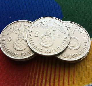 1938 G 2 Mark German Wwii Silver Coin (1) Third Reich Swastika Reichsmark Rare