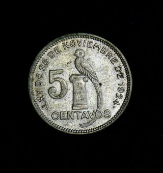 1933 Guatemala 5 Centavos Km 238.  2 Silver Coin Au Rare This