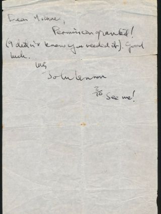 Beatles Ultra Rare 1968 John Lennon Written & Signed Letter Granting Permission