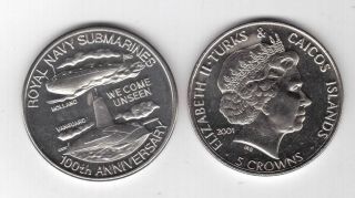 Turks And Caicos Islands 5 Crowns Unc Coin 2001 Year Km 233 Royal Navy Submarine