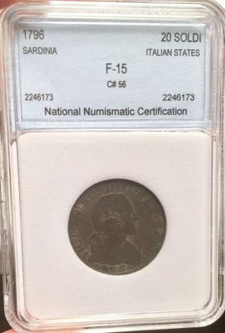 1796 Sardinia Italian States 20 Soldi Coin Vittori Ameadeo Iii.  Kn 94 Slabbed