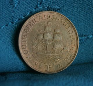 South Africa 1 Penny 1934 Bronze World Coin African Dromedaris Sailing Ship Boat