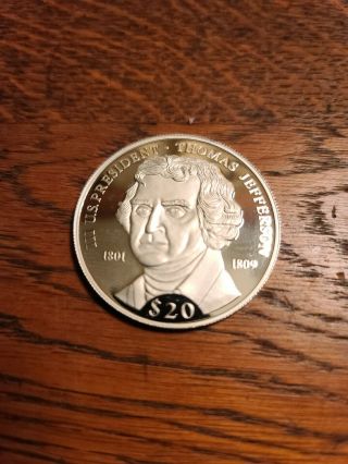 2000 Republic Of Liberia 20 Dollars Thomas Jefferson Silver Coin.  999