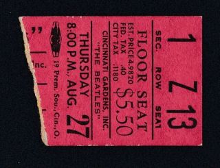 1964 The Beatles Cincinnati Gardens Ticket Stub Red Floor Seat