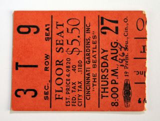 1964 (real) The Beatles Cincinnati Gardens Ticket Stub Red Floor Seat