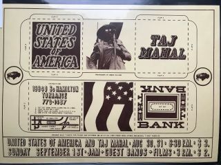 United States Of America/taj Mahal @ The Bank - 1st Printing Concert Poster - Nm -
