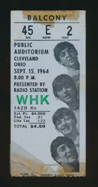 Beatles Vintage 1964 Concert Ticket Stub For Their 9 / 15 / 64 Show Cleveland Oh