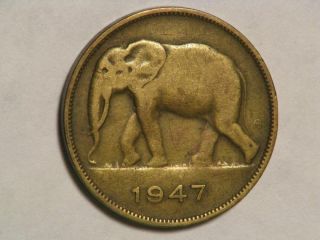 Belgian Congo 1947 5 Francs Elephant F - Vf