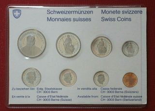 1976 Switzerland 8 Piece Coin Set,  Bu,  5 Fr. ,  2 Fr. ,  1 Fr. ,  50,  20,  10,  5,  1 Rappen