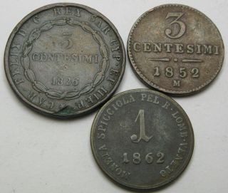 Italian States 1 Soldo & 3 Centesimi 1826/1862 - 3 Coins.  - 3289