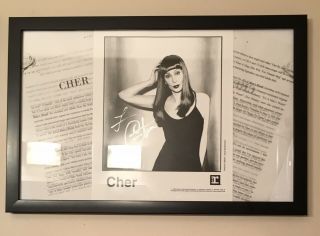 Cher Signed 1995 Press Photo W/press Release On Parchment Paper Framed