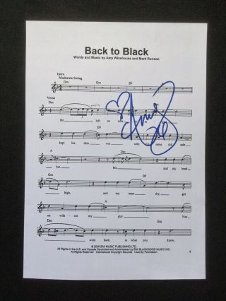 Amy Winehouse,  8.  25”x11.  75” Signed Autograph ‘back To Black’ Sheetmusic