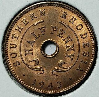 Southern Rhodesia,  1/2 Penny,  1943,  Red Choice Brilliant Uncirculated,  Bronze