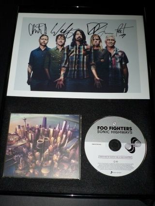 Foo Fighters Rare Hand Signed Framed Sonic Highways Cd And Group Photo