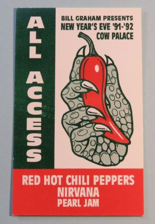 1991 Chili Peppers Nirvana Pearl Jam All Access Pass For Laminate Cobain Sf Ca