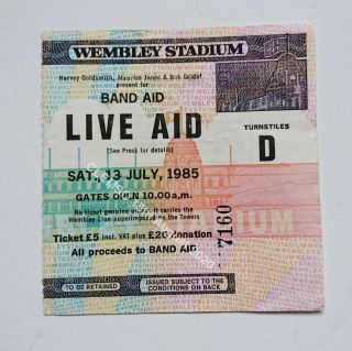 Live Aid 1985 Concert Ticket Stub Wembley Stadium Queen U2 Bowie Wham