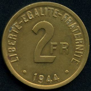 1944 Allied Occupied France 2 Franc Brass Coin