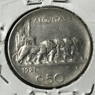 1921 - R Italy 50 Centesimi Reeded Edge Chariot Coin