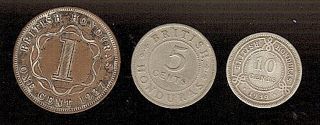3 British Honduras 10,  5 & 1 Cent Coins 1919 1937 1939 Vg - F Low Mintages Ppd - Us