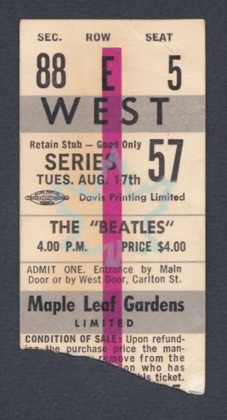 1965 Toronto Maple Leaf Gardens The Beatles Concert Ticket Stub Canada