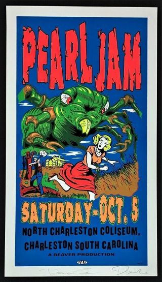 Pearl Jam Poster Silkscreen Printed Signed By Rolo Taz Charleston Nc 1996
