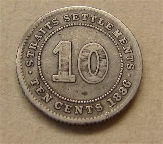 British Coloy Straits Settlements Silver 10 Ten Cents Coin - - 1886
