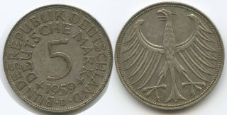 S0202 - Germany Federal Republic 5 Mark 1959 D Km 112.  1 Silver Brd
