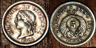 1902 Colombia Silver 5 Centavos See Photo