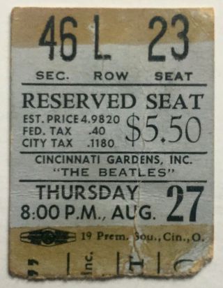 The Beatles Concert Ticket Cincinnati Gardens 27th Aug 1964