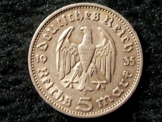 German 1935 F (stuttgart) 5 Mark Ww2 Silver Coin 3rd Reich Big Eagle Reichsmark