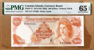 Cayman Islands 100 Dollars 1974 (nd 1982) Gem Unc Pmg 65 Epq Prefix A/1 Pick - 11