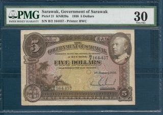 Sarawak Malaysia 5 Dollars,  1938,  P 21,  Pmg 30 Vf / Rare