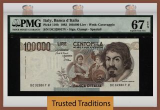Tt Pk 110b 1983 Italy 100,  000 Lire " Caravaggio " Pmg 67 Epq Gem None Finer