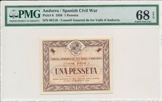 Consell General Andorra 1 Pesseta 1936 Spanish Civil War Pmg 68epq