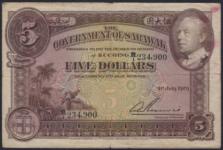 Sarawak 5 Dollars 1929,  Vf -,  Pick 15