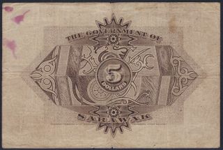Sarawak 5 dollars 1929,  VF -,  Pick 15 2