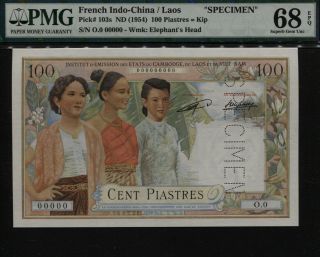 Tt Pk 103s 1954 French Indo - China / Laos 100 Pastres Specimen Pmg 68 Epq Pop 1