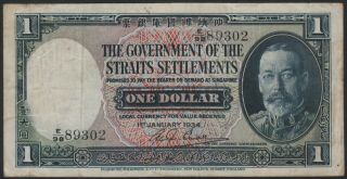 Straits Settlements 1 Dollar 1934,  Vf,  Pick 16d