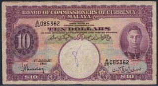 Malaya 10 Dollars 1940,  F/vf,  Pick 1