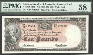 Australia,  10 Pounds,  Nd (1960 - 65),  P36a,  Choice About Unc,  Pmg Graded 58