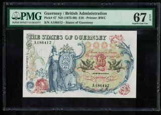 P47 Guernsey 10 Pounds Nd 1975 - 1980 Gem Unc Pmg67epq Top Top Rare