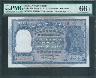 India 100 Rupees P43a Nd (1949 - 57) Pmg 66 Epq Gem Unc Rare This