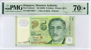 Singapore 5 Dollars 2020 P Polymer Gem Unc Pmg 70 Epq Extra Star Top