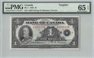 Canada 1935 Bc - 1 Pmg Gem Unc 65 Epq 1 Dollar (osborne - Towers) “english "