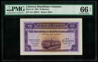 P36 Lebanon Liban Banknote 25 Piastres 1942 Gem Unc Pmg 66epq