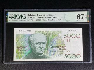 Belgium 5000 Francs,  Nd (1982 - 92),  Pick 145,  Pmg 67 Epq,  Gem Unc