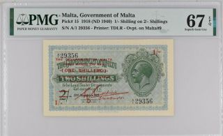 Malta 1 Shilling On 2 Shillings Nd 1918 - 1940 P 15 Gem Unc Pmg 67 Epq Top