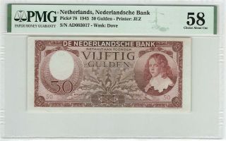 Netherlands 50 Gulden 1945 Willem Iii Pick 78 Pmg About Uncirculated 58