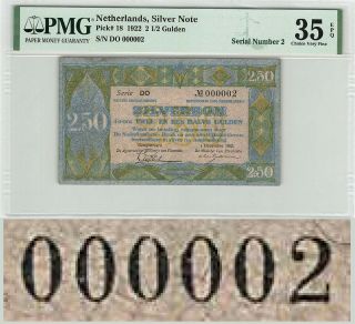 Netherlands 2½ Gulden 1922 Serial 000002 Silver Note Pick 18 Pmg Choice Vf 35epq