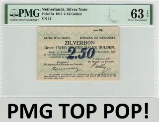 Netherlands 2½ Gulden 1914 Silver Note Pick 5 Pmg Choice Unc 63 Epq Top Pop